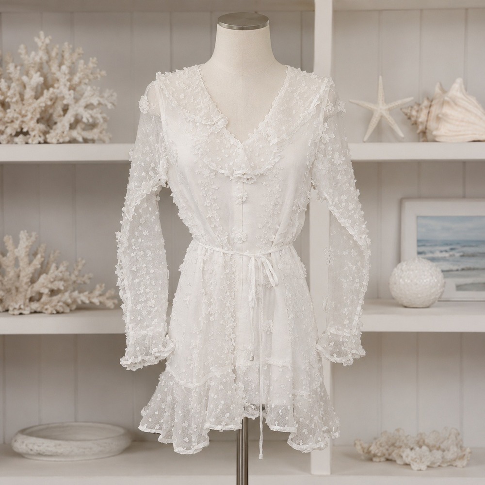 Reveuse White Swiss Dot Dress With Sheer Overlay NWT MSRP $55 Size S